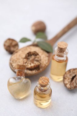 Nutmeg temel yağı, bütün ve yer fıstığı ışık masasında, yakın plan.