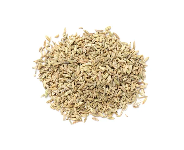 stock image Pile of dry fennel seeds isolated on white, top view