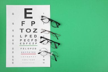 Görüş testi çizelgesi ve yeşil arka planda gözlük düz yerde. Metin için boşluk