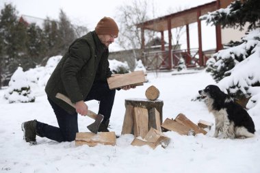 Kışın açık havada sevimli bir köpeğin yanında baltayla odun kesen bir adam.