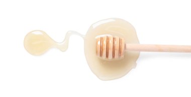 Beyaz arka planda lezzetli doğal bal ve balık, üst manzara.