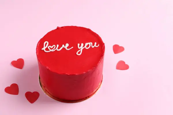 Bento Dort Textem Love You Paper Hearts Pink Table Space — Stock fotografie
