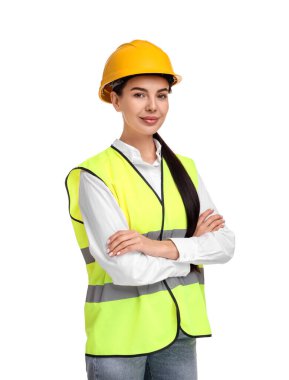 Beyaz arka planda sabit şapkalı mühendis