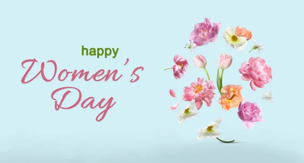 Happy Women Day Greeting Card Design Beautiful Flowers Light Blue — Stock Photo, Image
