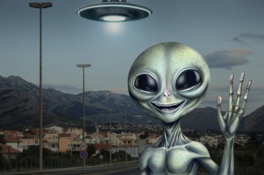 Uzaylı ve uçan daire şehirde. UFO, dünya dışı ziyaretçiler.