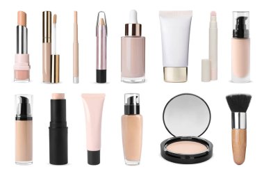 Yüz pudrası, kapatıcılar, düzeltici, sıvı temeller ve beyaz üzerine izole edilmiş fırça. Makyaj ürünleri koleksiyonu