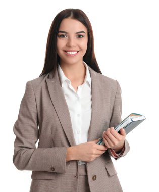 Beyaz arka planda not defteri olan emlakçı.