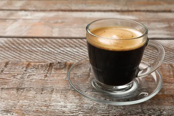 Kopje Aromatische Koffie Houten Tafel Close Ruimte Voor Tekst — Stockfoto