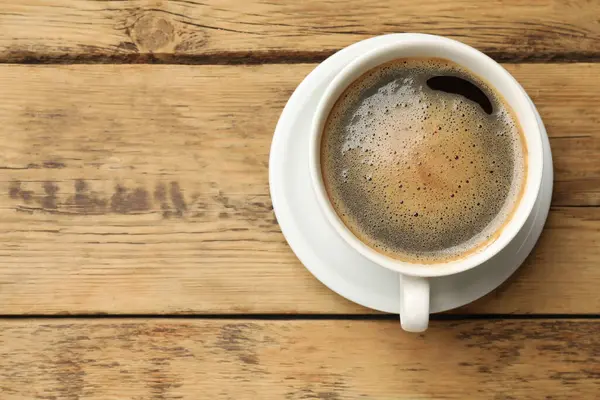 Kopje Aromatische Koffie Houten Tafel Bovenaanzicht Ruimte Voor Tekst — Stockfoto
