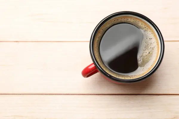 Kopje Aromatische Koffie Lichte Houten Tafel Bovenaanzicht Ruimte Voor Tekst — Stockfoto