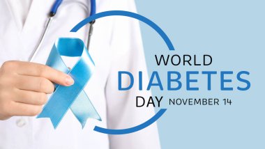 Dünya Diyabet Günü. Doktor arka planda açık mavi kurdele tutuyor, yakın plan. Pankart tasarımı