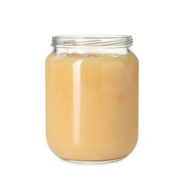 Bebek maması. Kavanozdaki lezzetli, sağlıklı püre beyaza izole edilmiş.