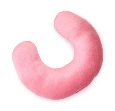 Bir pembe seyahat yastığı beyaza izole edilmiş, üst manzara