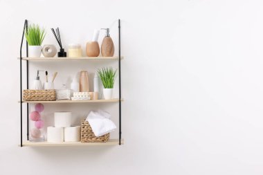Farklı banyo aksesuarları, kişisel bakım ürünleri ve kapalı alanda yapay bitkiler, metin için yer