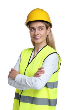 Beyaz arka planda sabit şapkalı mühendis