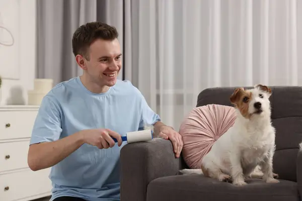 Smiling man removing pet\'s hair from armchair at home