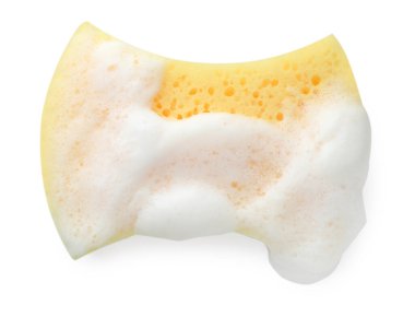 Sarı köpüklü sünger beyaz, üst görünümde izole.