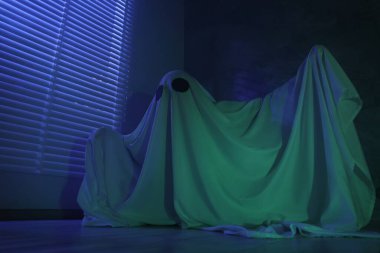 Ürkütücü hayalet. Pencerenin yanında, mavi ışıkla kaplanmış kadın.