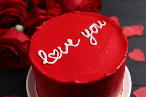 Bento Dort Textem Love You Roses Black Table Detailní Záběr — Stock fotografie