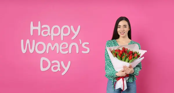 Happy Women Day Charming Lady Holding Bouquet Beautiful Flowers Pink — Stock Photo, Image