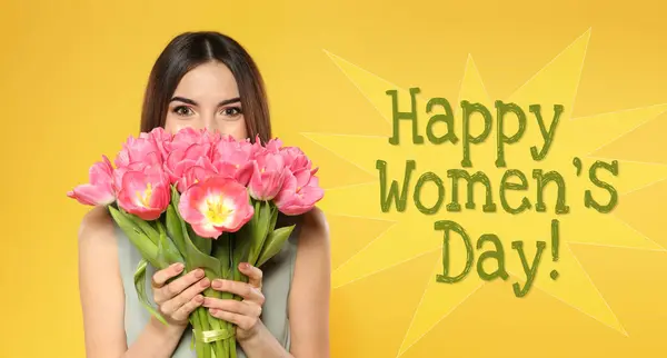 Happy Women Day Charming Lady Holding Bouquet Beautiful Flowers Golden — Stock Photo, Image