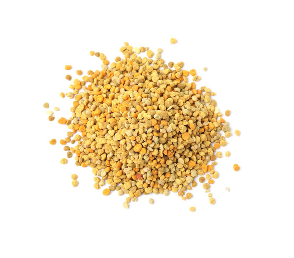 Pile of fresh bee pollen granules isolated on white, top view
