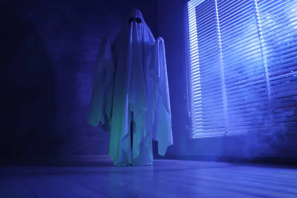 Creepy ghost. Woman covered with sheet near window in blue light, low angle view