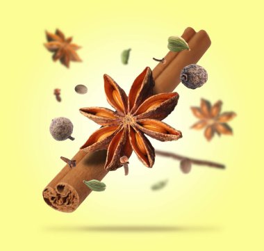 Sarı zemin üzerine düşen farklı aromatik baharatlar