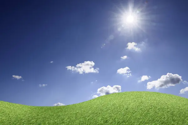 Lush green grass under blue sky with fluffy clouds on sunny day