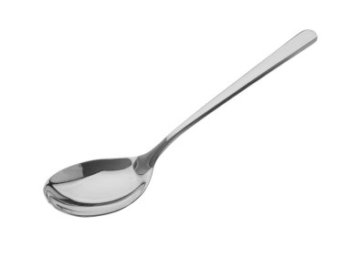 Parlak gümüş bir kaşık beyaza izole edilmiş.