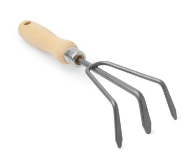 Bir tırmık beyazda izole edilmiş. Bahçe aleti