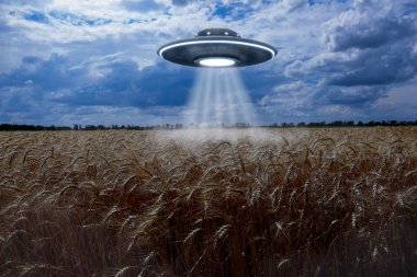 Uzaylı uzay gemisi buğday tarlasına ışık yayıyor. UFO