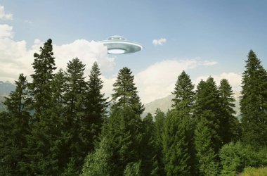 Alien spaceship flying over trees in mountains. UFO clipart