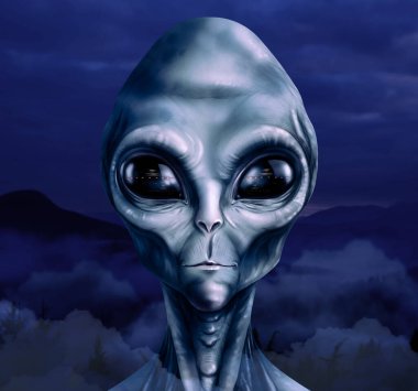 UFO. Alien in mountains. Flying saucers reflecting in eyes of extraterrestrial visitor clipart