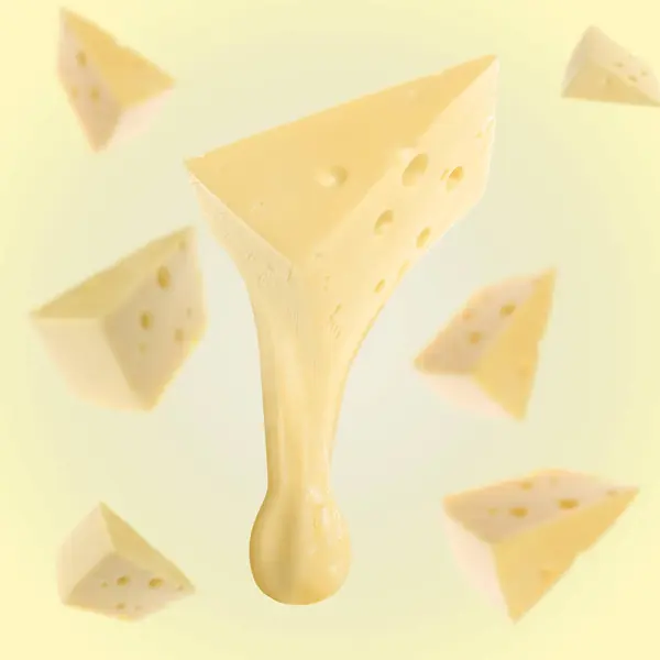 Pieces of cheese falling on yellow background