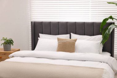 Şık bir yatak odasında büyük bir yatak ve bitkiler. İç tasarım