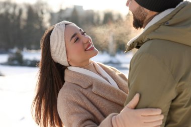 Güzel mutlu çift kış günü karlı parkta
