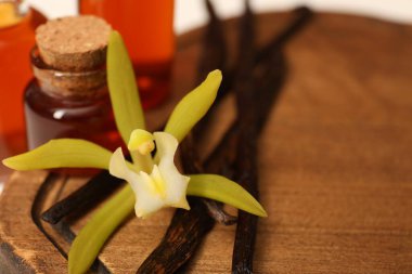 Aromatik vanilya özü, kapsüller ve çiçek ahşap masada, yakın plan. Metin için boşluk