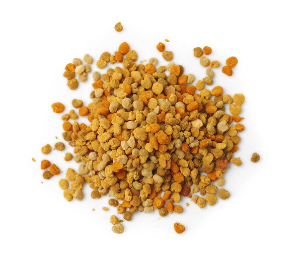 Pile of fresh bee pollen granules isolated on white, above view