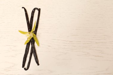 Aromatik vanilya kapsülleri ve beyaz ahşap masa üzerinde çiçek, üst manzara. Metin için boşluk