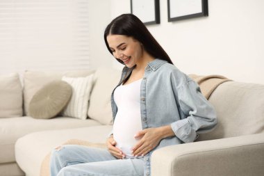 Evdeki koltukta mutlu hamile bir kadın.