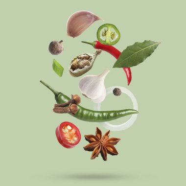 Açık yeşil arkaplana düşen farklı baharatlar