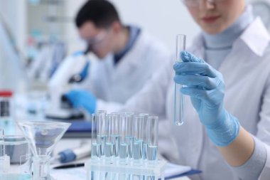 Laboratuvarda numunelerle çalışan bilim adamları. Tıbbi araştırma