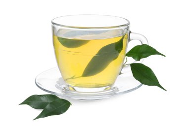 Taze yeşil çay fincanda, yapraklar ve çay tabağı beyazda izole.