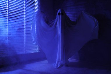 Ürkütücü hayalet. Pencerenin yanında, mavi ışıkla kaplanmış kadın.