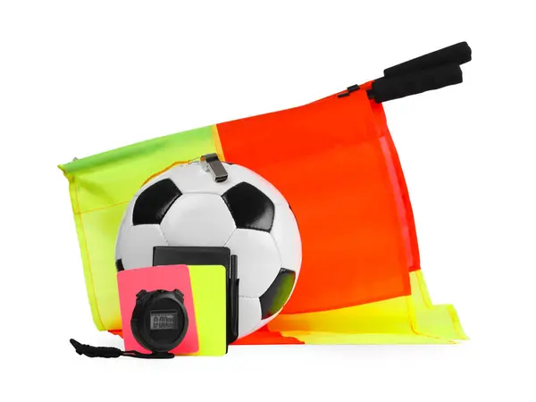 Fotbalové Vybavení Rozhodčích Fotbalový Míč Vlajky Stopky Karty Píšťalka Izolované — Stock fotografie