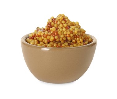 Taze tahıllı hardal kabı beyaza izole edilmiş.