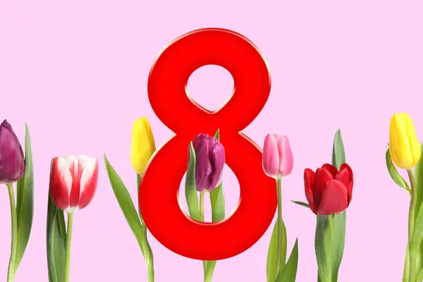 March 8 - International Women\'s Day. Greeting card design with number 8 and flowers on pink background