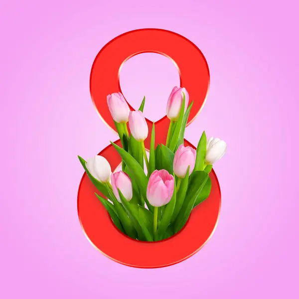 March 8 - International Women\'s Day. Greeting card design with number 8 and flowers on pink background