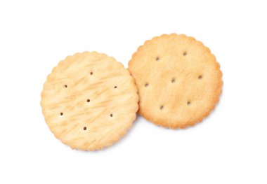 İki tane çıtır kraker, beyaza izole edilmiş, üst manzara. Lezzetli yemek.